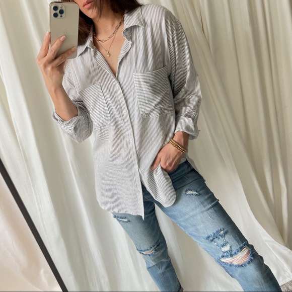 Classic Striped Button-Up Shirt—Ivory/Black - Picture 8 of 14